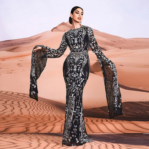 Elegant Long Sleeve Sequined Evening Dress for Formal Occasions